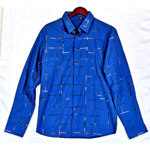 Manfinity Shirt Size M Blue w Gold Foil Plaid Long Sleeve ButtonUp Stretch NWOT